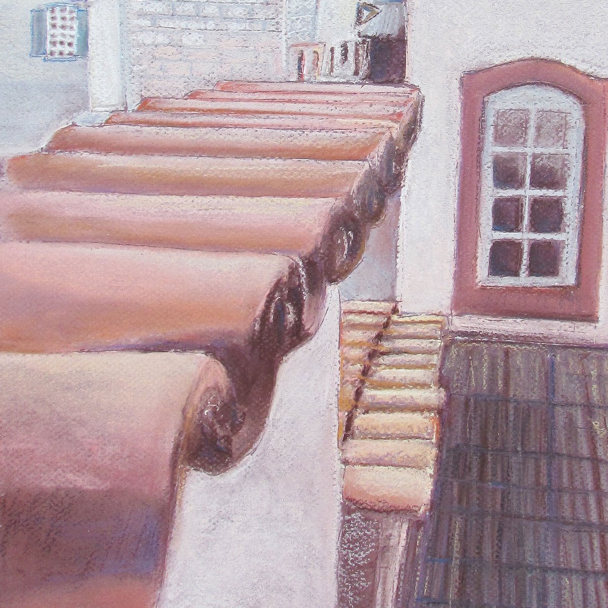 Pastel drawing of terracotta rooflines in Ouro Preto