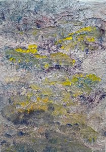 Oil painting of lavender rows in purple and green