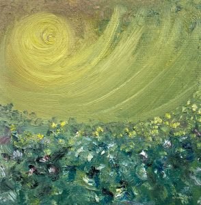 Oil painting of a green meadow with a swirl of yellow light