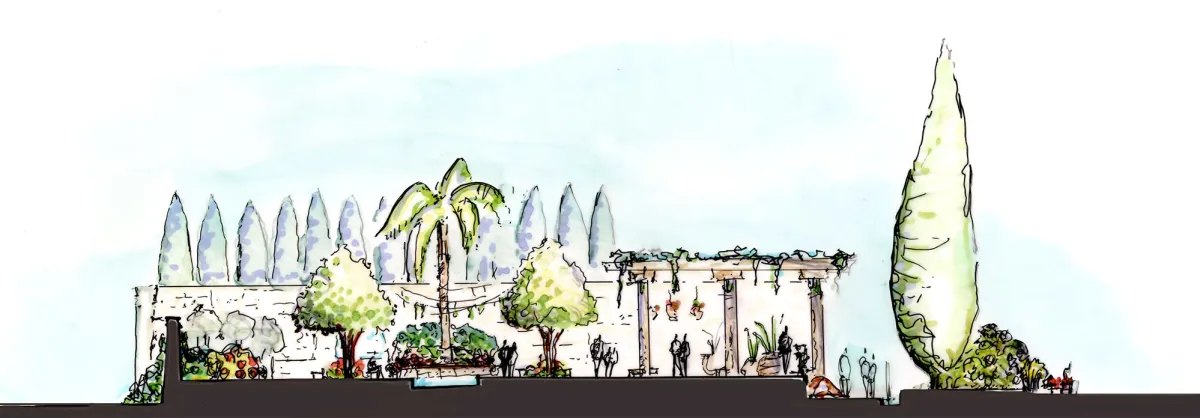 Hand-rendered section through a courtyard garden