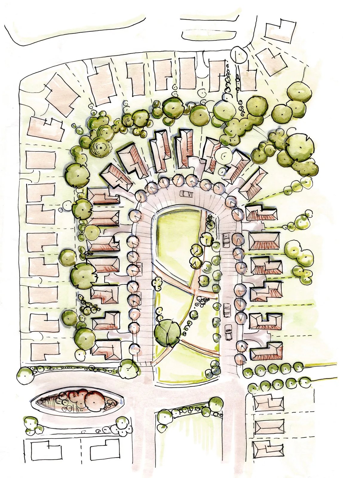 Hand-rendered neighbourhood plan with a curving street and gardens