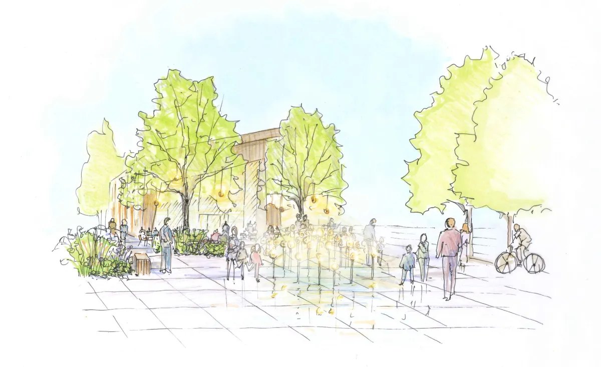 Hand-rendered view of a tree-lined square with a sculpture