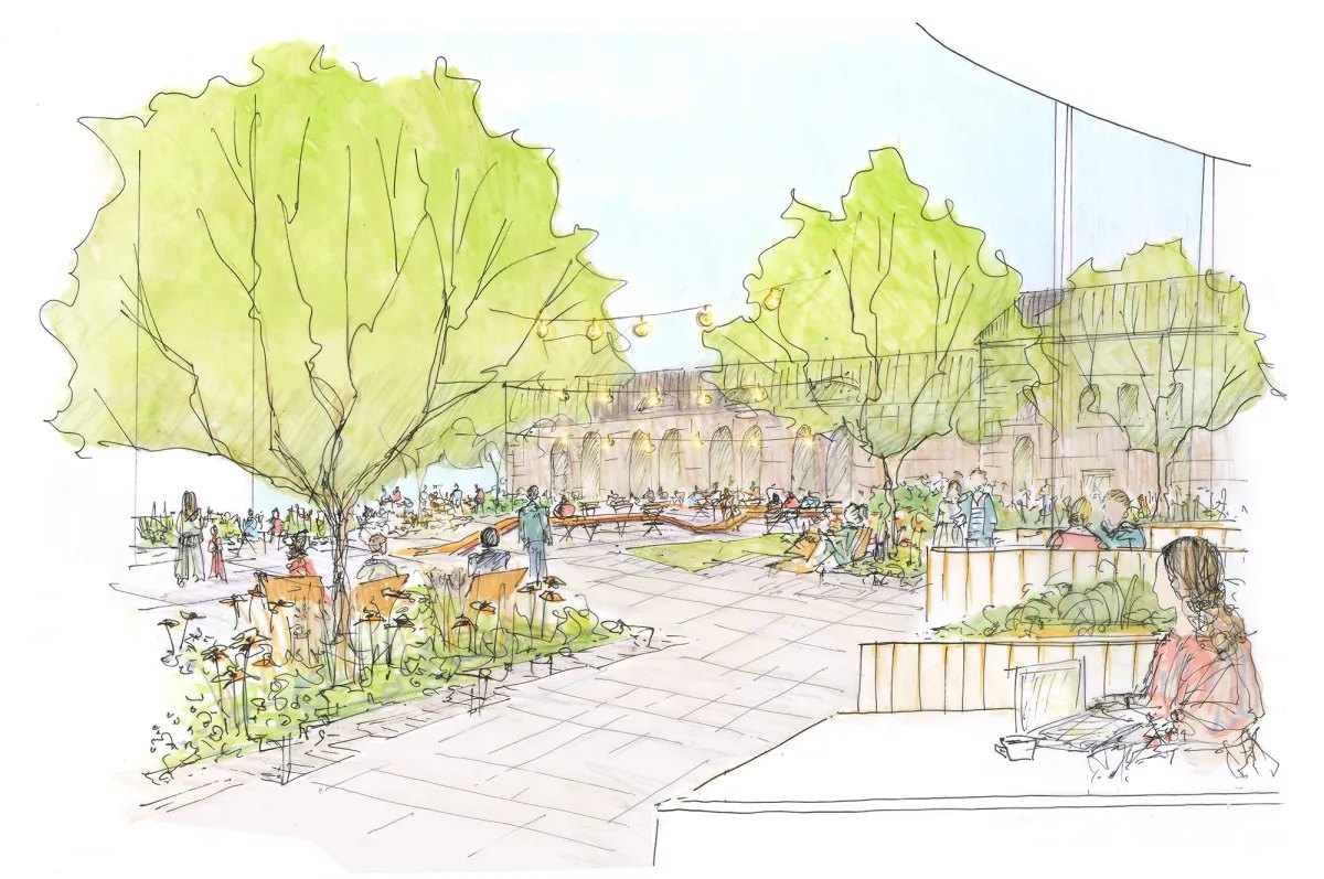 Hand-rendered square under trees with people seated