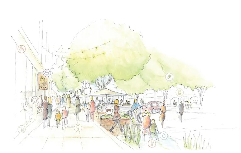 Watercolour of a market street under trees