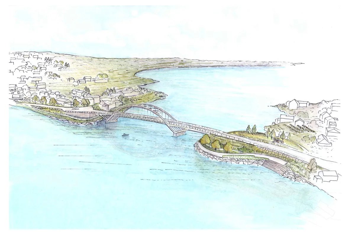 Hand-rendered view of a bridge across the fjord