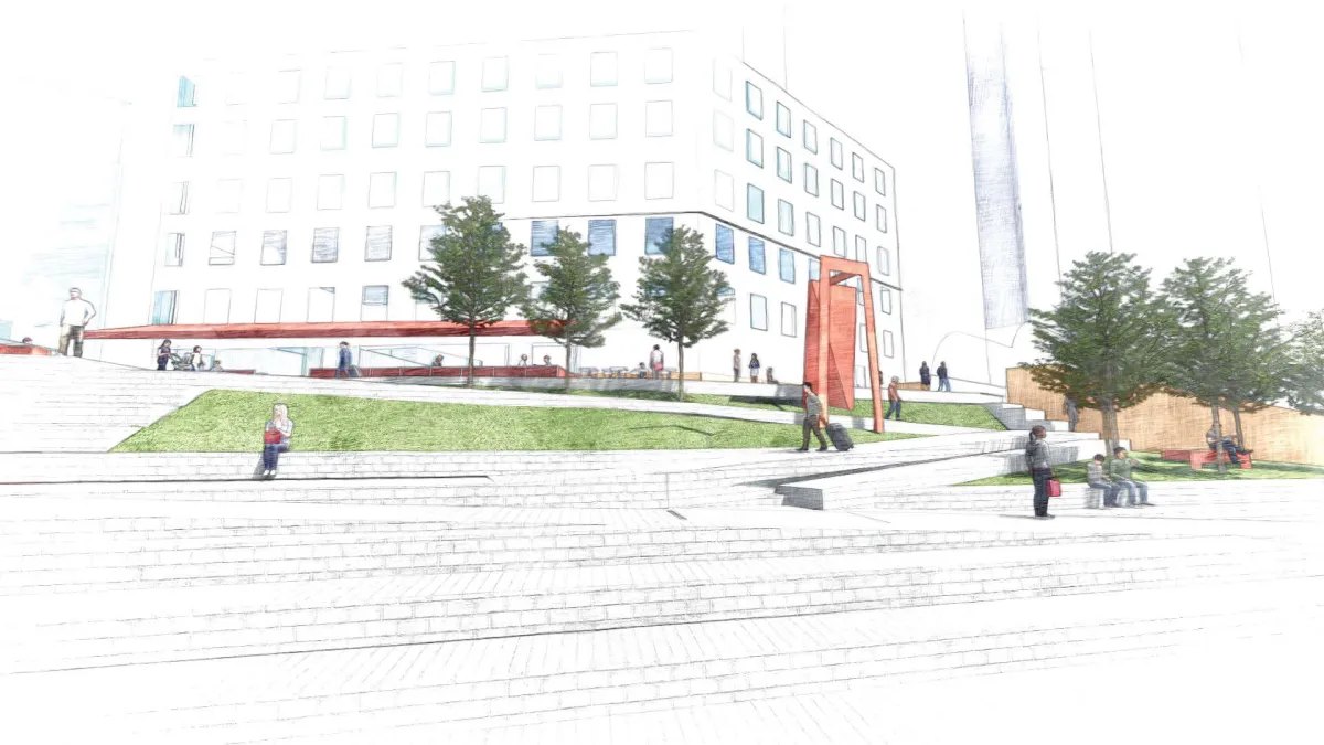 Rendering of a stepped plaza with a red sculpture