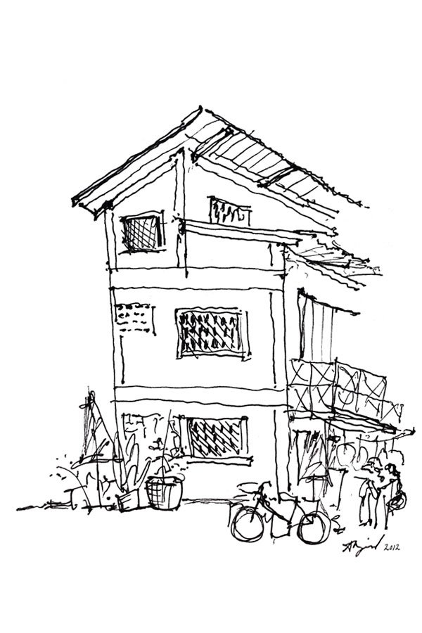 Ink sketch of a three-storey timber house with bicycles in Bangkok