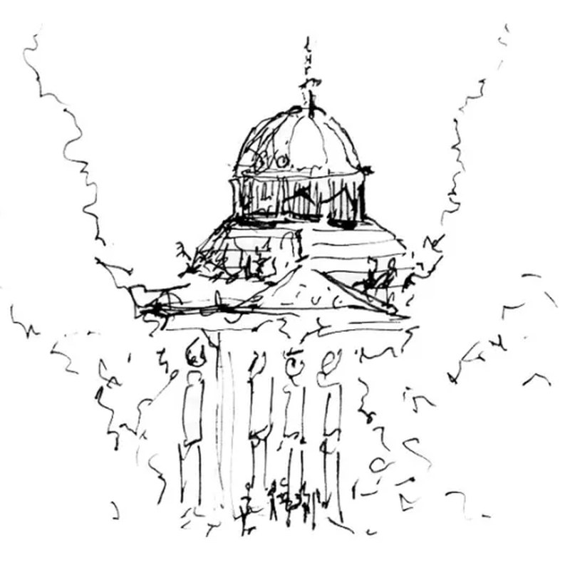 Ink sketch of a domed building seen through trees