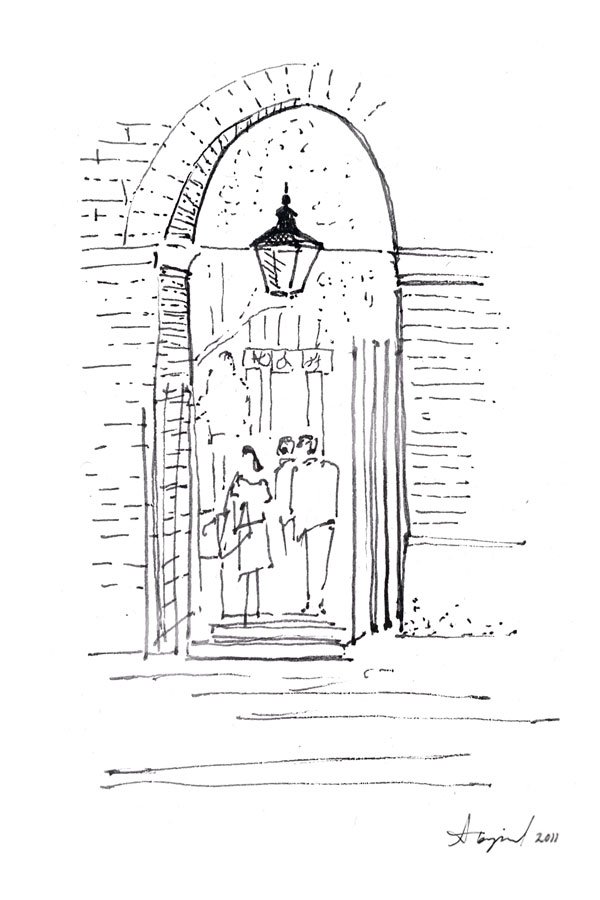Ink sketch of two figures under a brick archway in London