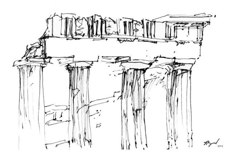 Ink sketch of ancient columns and architrave