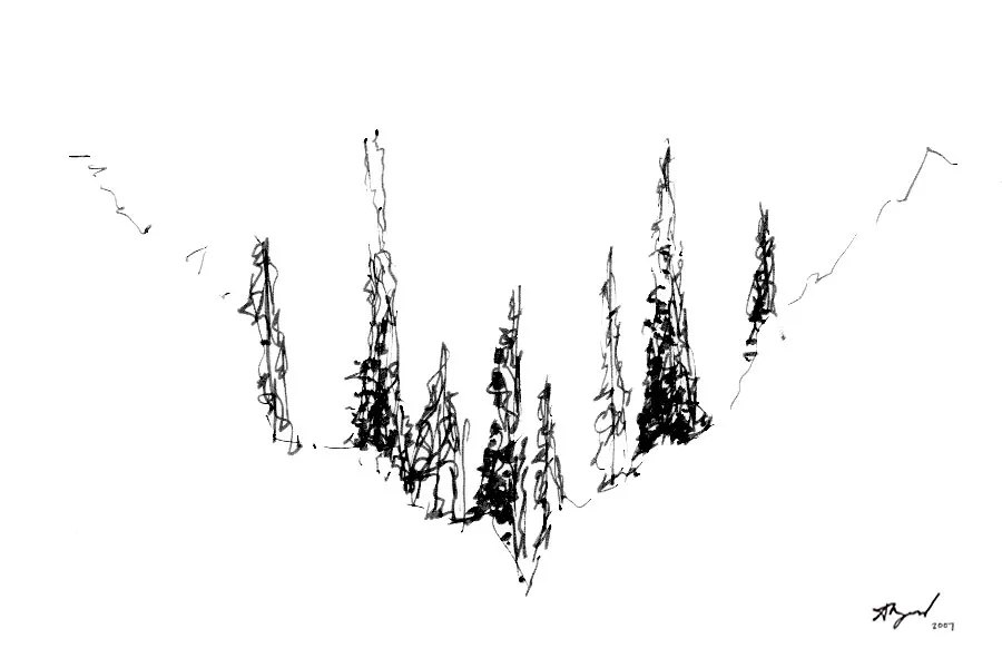 Ink sketch of a row of cypresses