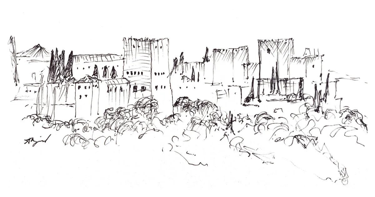 Ink sketch of the Alhambra on its hill