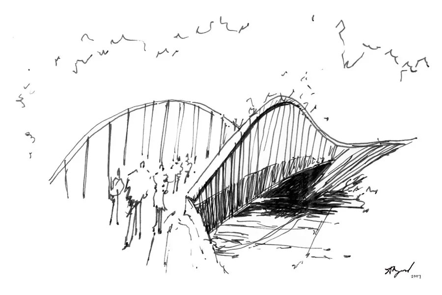 Ink sketch of a cable bridge with people crossing