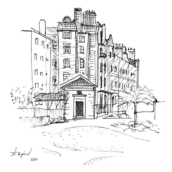 Ink sketch of a London street corner with a portico