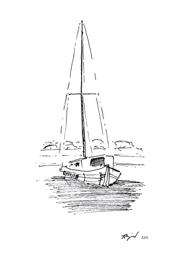 Ink sketch of a sailboat at anchor