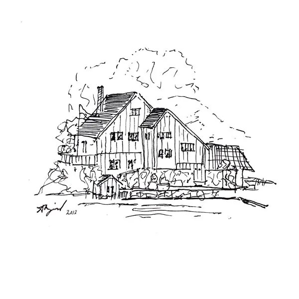 Ink sketch of a timber house on a rocky shore