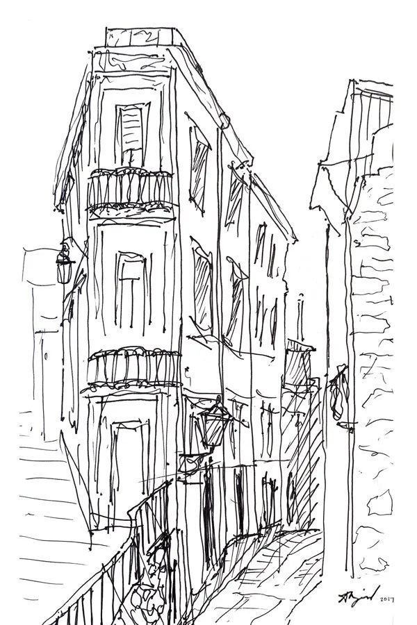 Ink sketch of a narrow street with balconies in Porto