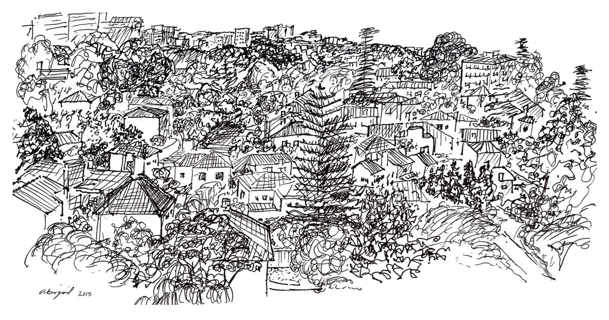 Ink sketch of houses climbing a hillside in Porto