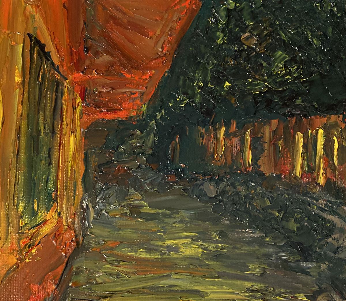 Oil painting of a street at dusk with an orange wall and dark trees lit from behind